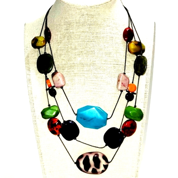 New Necklace, Colored Stone Beaded Black Triple Chain Adjustable Length - Picture 5 of 5